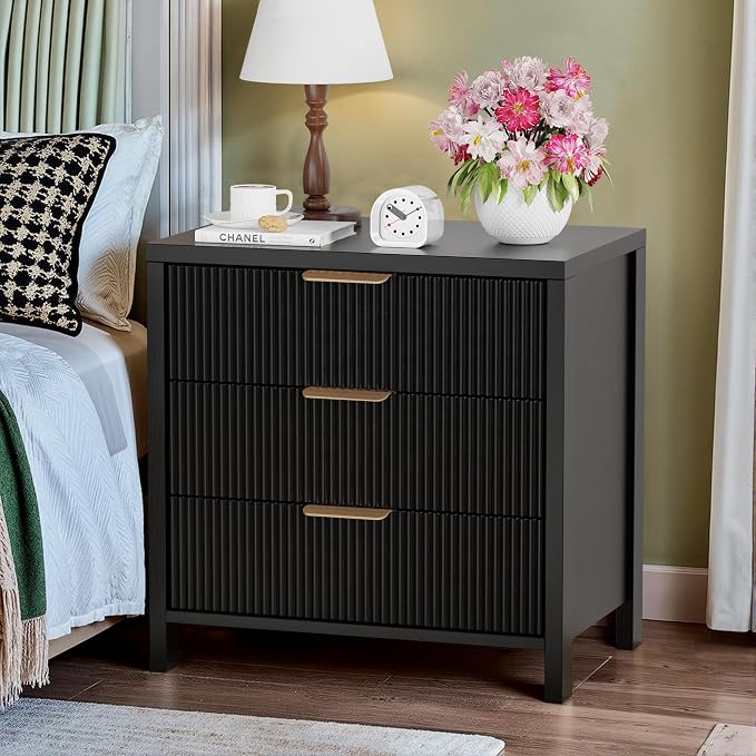 Fluted Nightstand, 23.7'' Wide Night Stand with 3 Drawers, Mid-Century Modern Bedside Table with Handles, Wood End Table for Bedroom, Black by HOCAT
