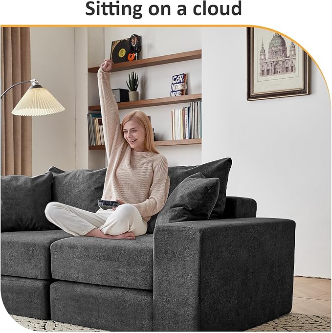 Modular Sectional Loveaeat Cloud Sofa, Boneless Couch with Non Slip Base, Cozy Sleeper Sofa for Customizable Living Spaces, Modern Modular Couch with L-Shape Chaise, Deep Seat & No Assembly, Grey