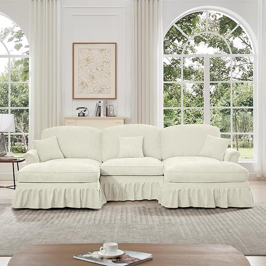 KEIKI Mid Century Modular Sofa with Flared Arms and Skirted Design, 107” Oversized 3-Seater with 2 Ottomans Chenille Sectional Couches for Living Room, Chaise Lounge Indoor Furniture, Beige White