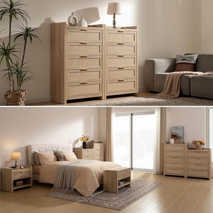 SICOTAS Dresser for Bedroom Chest of Drawers 46" Tall Dresser for Closet with 5 Rattan Drawers Boho Nightstands Set of 2 Large Clothes Storage Cabinet TV Stand for Living Room Hallway Nursery Entryway - Image 6