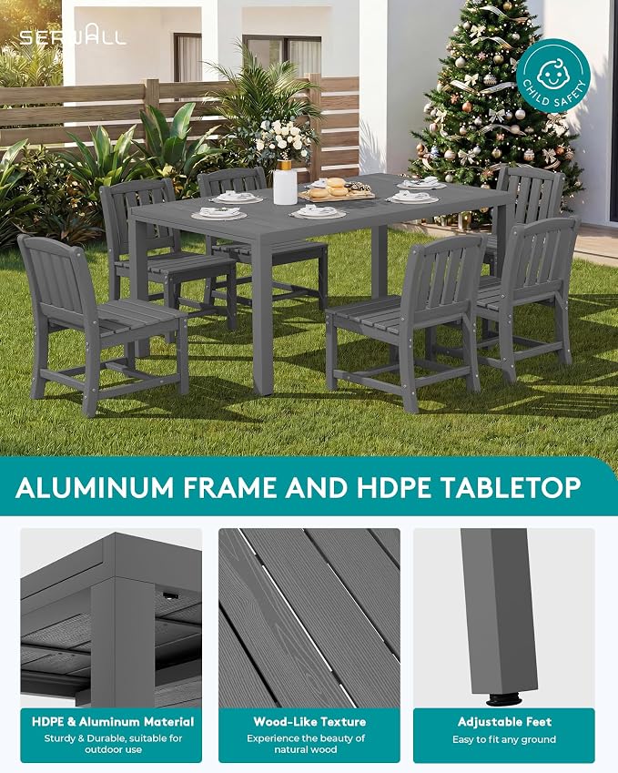 SERWALL 7-Piece Outdoor Dining Set, 60" - 83" Expandable Outdoor Dining Table and 6 HDPE Chairs, All Weather HDPE Outdoor Furniture Set for Backyard, Garden, Grey - Image 4
