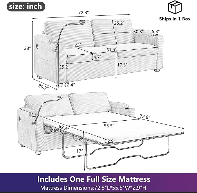 Merax Pull-Out Sleeper Sofa Bed with Full Size Mattress and Two Side Pockets, 3 in 1 Foton Couch with USB Ports | Phone & Cup Holders, Corduroy Loveseat for Living Room, Beige