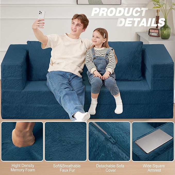 Futon Sofa Bed with Pillow, 3-in-1 Sleeper Sofa Bed with Removable Cover, Convertible Floor Sofa Bed, No Assembly Boneless Couch for Living Room, Bedroom