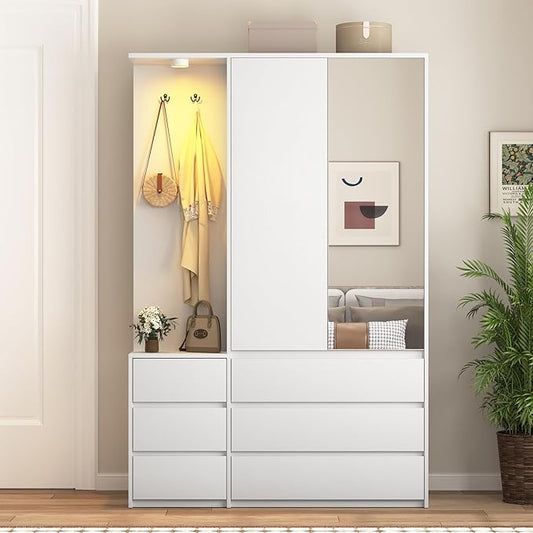 72'' Armoire Wardrobe Closet with Mirror Door & LED Lighting, Large Freestanding Modern Wooden 2 Doors Closet with 6 Drawers & 3 Storage Shelves & Hanging Rod & 2 Hooks for Bedroom (White)