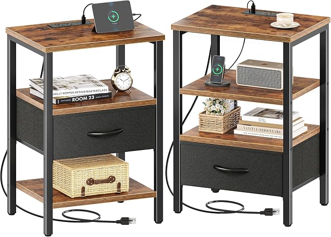 SUPERJARE Nightstand Set of 2, Bed Side Tables with Charging Station, Adjustable Fabric Drawer, Night Stand for Bedroom, 3-Tier Storage End Tables, for Living Room, Rustic Brown and Black by SUPERJARE