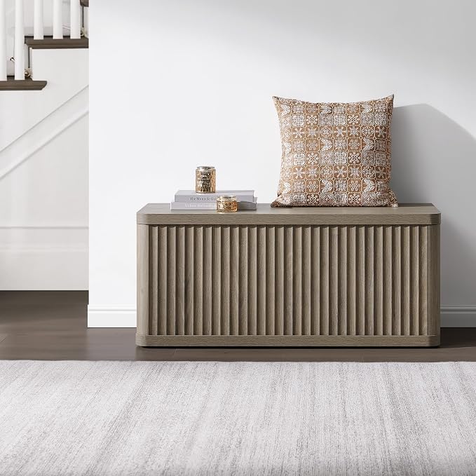SICOTAS Storage Bench 40.2" Wide Shoe Bench with Lift Top Large Wooden Storage Chest Trunk Modern Blanket Chest with 2 Safety Hinges & Seating for Bedroom Entryway Living Room Hallway - Image 8