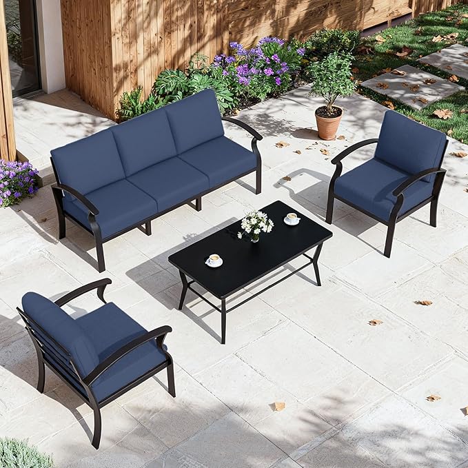 ALAULM Aluminum Patio Furniture Set with Coffee Table Rectangular，5-seat Outdoor Sectional Furniture w/Swivel Chairs，Patio Conversation Set for Porch, Backyard, Poolside-Dark Blue