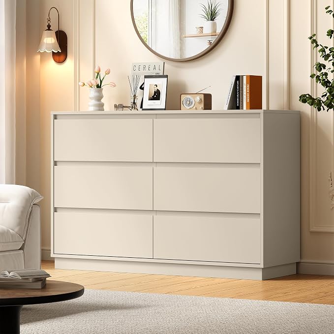RoyalCraft Beige 6 Drawer Dresser for Bedroom with Charging Station, 47" Wide Modern Chest of Drawers, Wood Closet Clothes Storage Cabinet for Living Room by Bringyoubetterlife