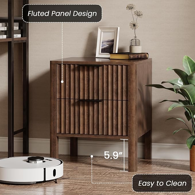 MODNEST 18" Fluted Nightstands Set of 2, Bed Side Tables with Drawers for Bedroom Mid Century Modern Night Stand Wood Nightstand Small End Table Bedroom Set, Walnut - Image 7