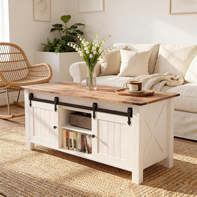 Lift Top Coffee Table with Storage, 47" Farmhouse Coffee Tables with Sliding Barn Door and Lift Tabletop Wooden Rustic Rectangle Center Table for Living Room, White