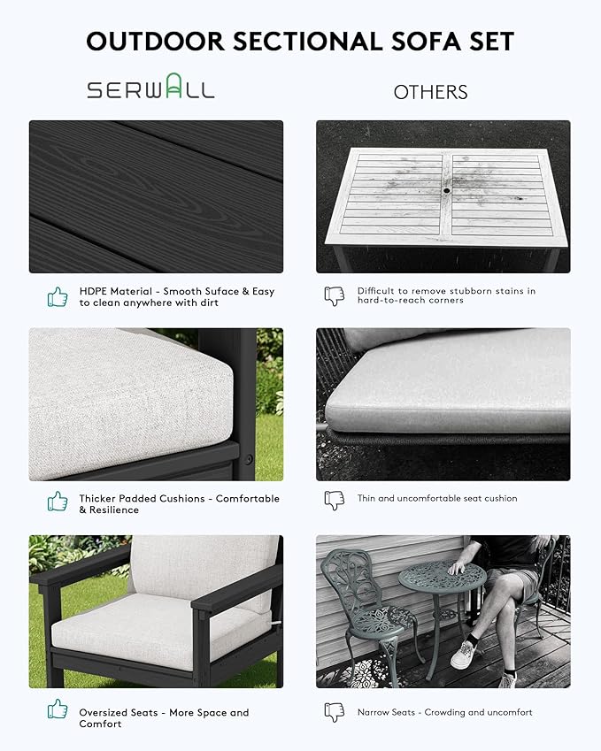 SERWALL HDPE Patio Sofa Set, 3-piece Sectional Outdoor Furniture Set, All Weather Outdoor Couch Set Patio Furniture Set for Deck, Lawn, Black Frame with Khaki Cushion