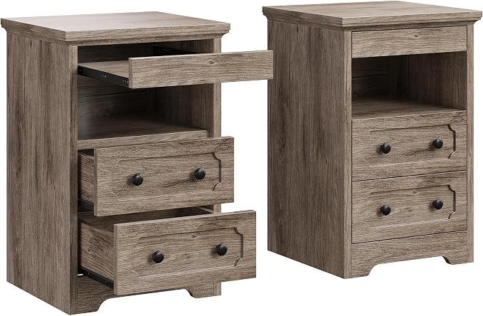 LIKIMIO Nightstand Set of 2, Night Stand with Pull Out Tray, Wooden Bedside Table with 2 Drawers and Open Shelf, Side Table for Bedroom, Grey by LIKIMIO