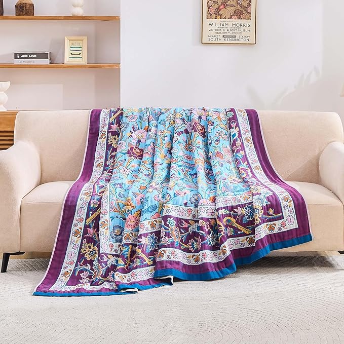 XIBLC Fall Blanket for Bed, 100% Cotton Soft Rustic Boho Throw Blanket Quilt, 50"x60" Farmhouse Decor Bed Flower Blankets, Light Weight Reversible Bohemian Throw Quilt