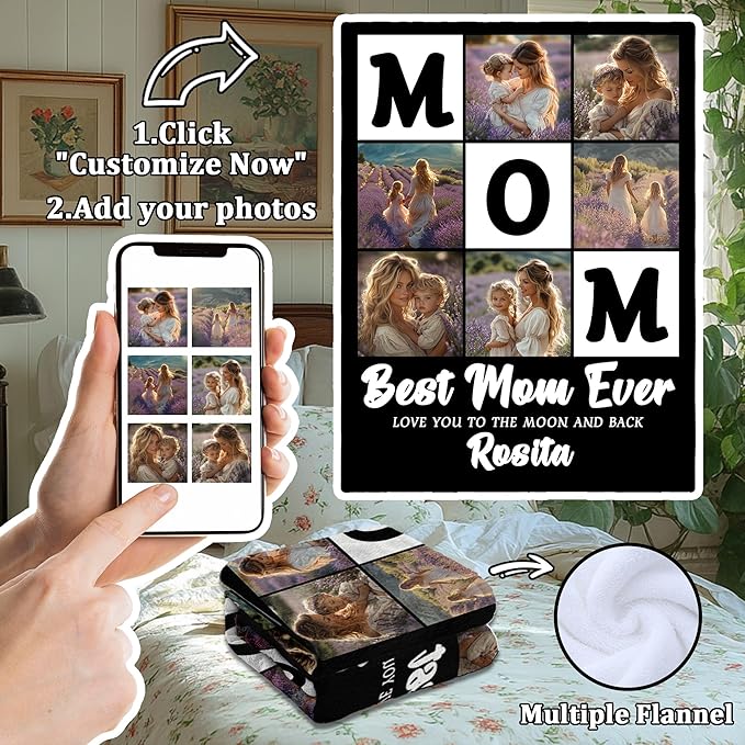 Personalized Mothers Day Birthday Gifts for Mom From Daughter Son Kids, Best Mom Ever Custom Blanket with Photos Text, Personalized Christmas Valentines Day Unique Gifts for Wife From Husband