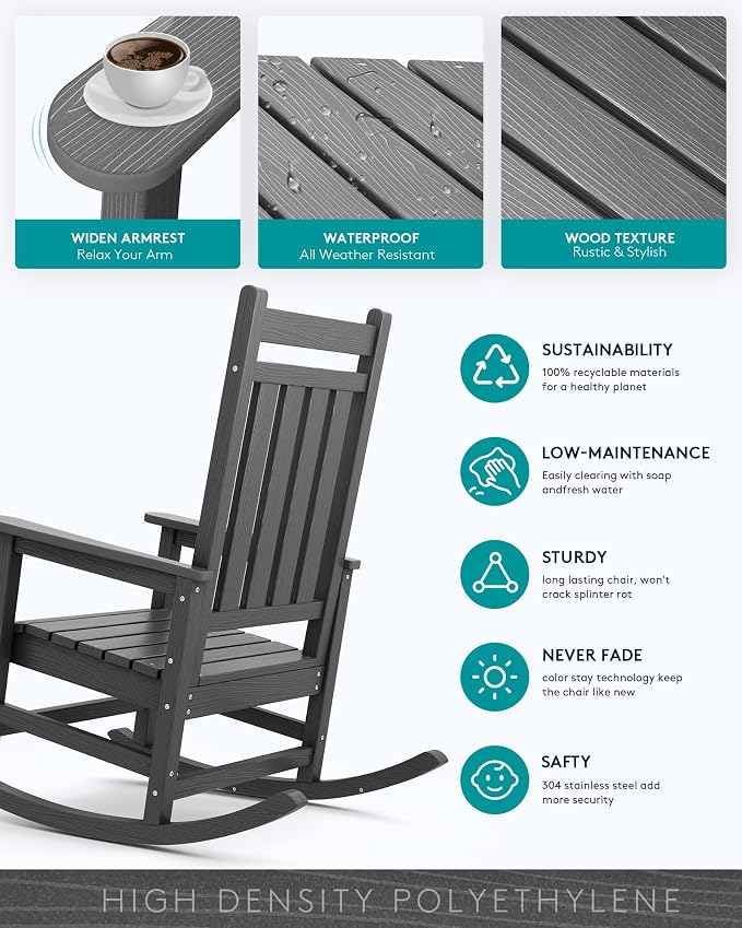 SERWALL Oversized Rocking Chair, Outdoor Rocking Chair for Adults, All Weather Resistant Porch Rocker for Lawn Garden, Grey - Image 3
