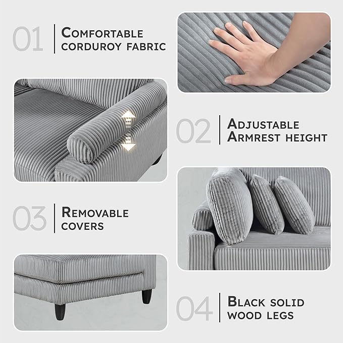 Lexicon 120 Inch Modular Sectional Sofa - Oversized 6 Seater Corduroy L Shaped Sectional Couch with Ottoman, 7 Accent Pillows, and Flexible Arrangement for Modern Living Rooms, Gray