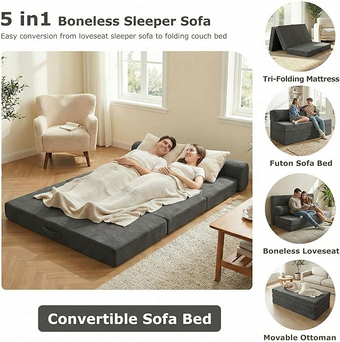 5-in-1 Convertible Sofa Bed, Boneless Loveseat Sleeper with Removable Cushions & Washable Corduroy Cover, Futon Sofa Bed with Handle, Pull Out Couch for Small Spaces, Full Size, Grey