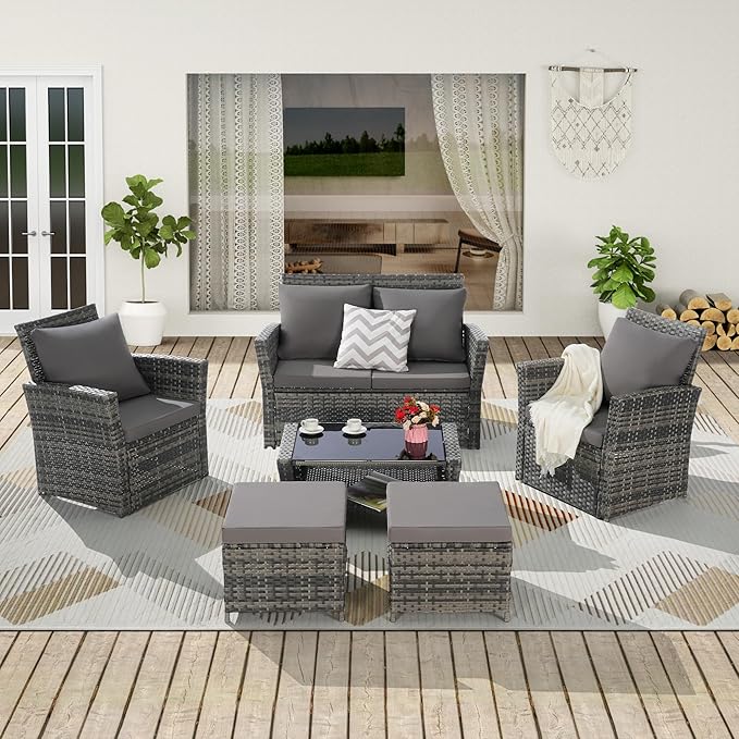 KEIKI 6-Piece Outdoor Patio Furniture Set, Rattan Patio Conversation Set with 2-Seater Sofa, 2 Single Sofa, 2 Ottomans, Coffee Table, PE Wicker Sofa Set, for Garden, Backyard, Lawn, Deck, Dark Gray