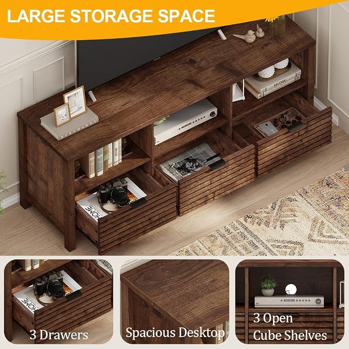 BON AUGURE TV Stand, Mid Century Modern Media Console for 65/55/50 Inch TVs, Wood Fluted Entertainment Center with Storage for Living Room, Bedroom (Rustic Oak) - Image 5
