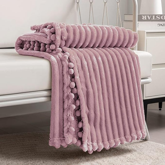 DISSA Fleece Blanket Twin Size – 60x80, Pink - Soft, Plush, Fluffy, Fuzzy, Warm, Cozy – Perfect Throw for Couch, Bed, Sofa - with Pompom Fringe - Flannel Blanket