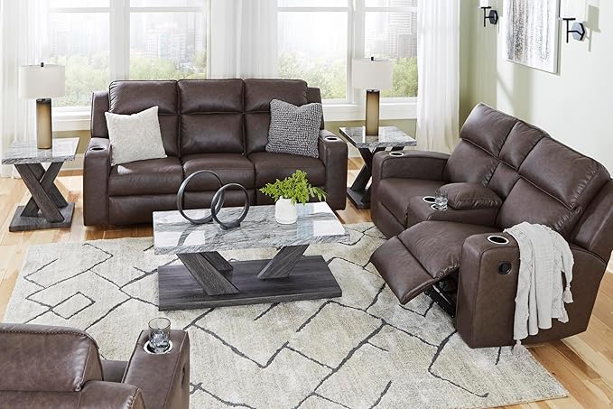 Signature Design by Ashley Lavenhorne Modern Faux Leather Manual Reclining Loveseat with Console and Cup Holders, Dark Brown