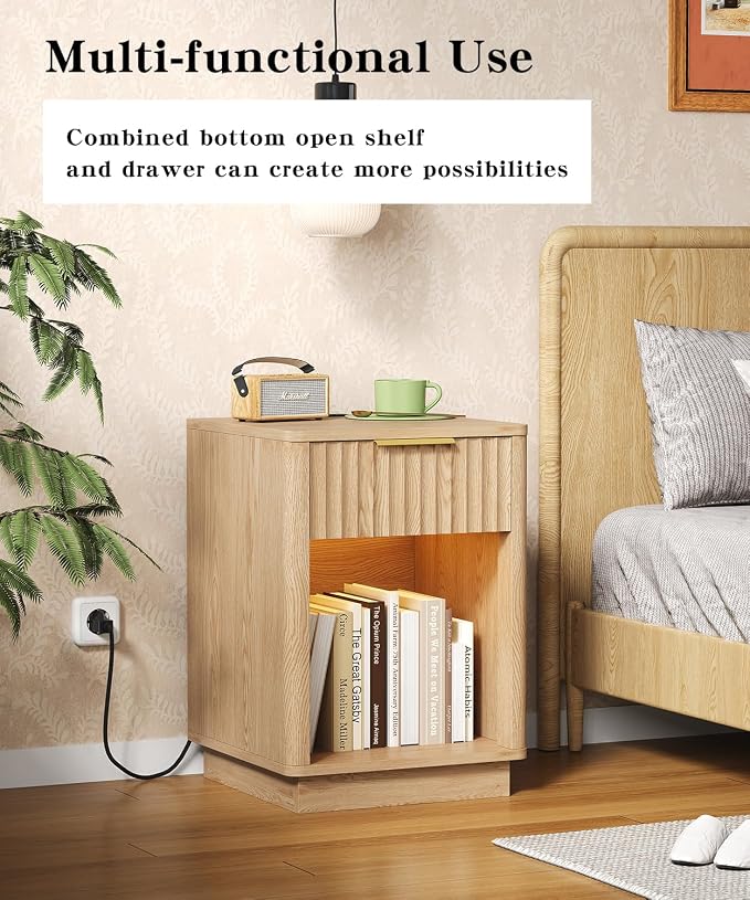 Akxomel Fluted Nightstands Set of 2, Wooden Night Stand with Charging Station and LED Light, Modern Mid Century Bed Side End Table with Drawer, 15" D x 15.7" W x 22.6" H, for Bedroom, Natural Oak - Image 4