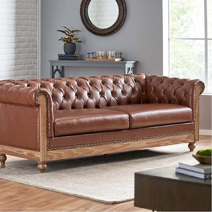 Merax 3 Seat PU Chesterfield Sofa, Retro Style Upholstered Leather Couch Rolled Arm for Living Room Bedroom Office, Light Brown