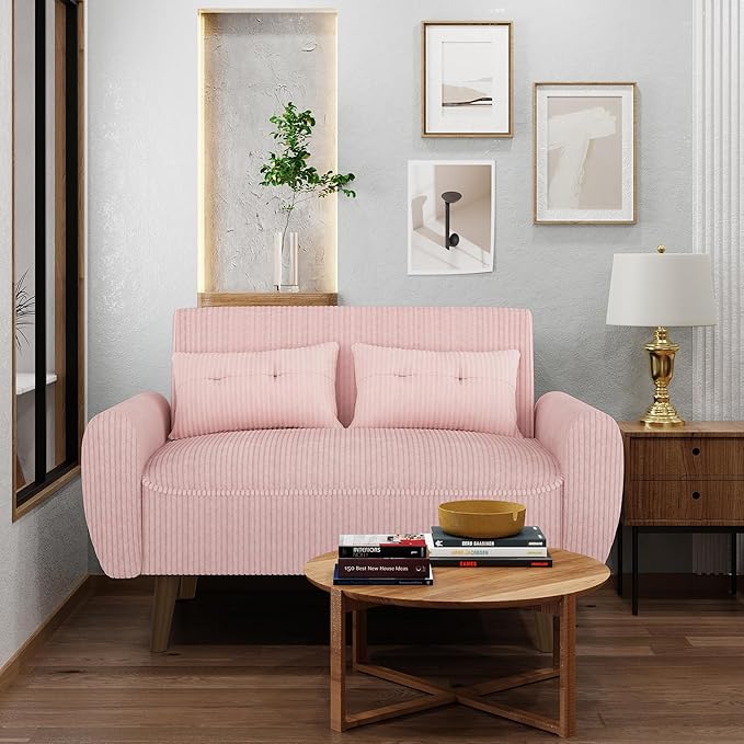 Shintenchi Small Modern Loveseat Couch Sofa, Mid Century Fabric Upholstered 2-Seat Sofa Couch Love Seats Furniture for Small Space,Living Room,Studio,Apartment with 2 Pillows, Pink
