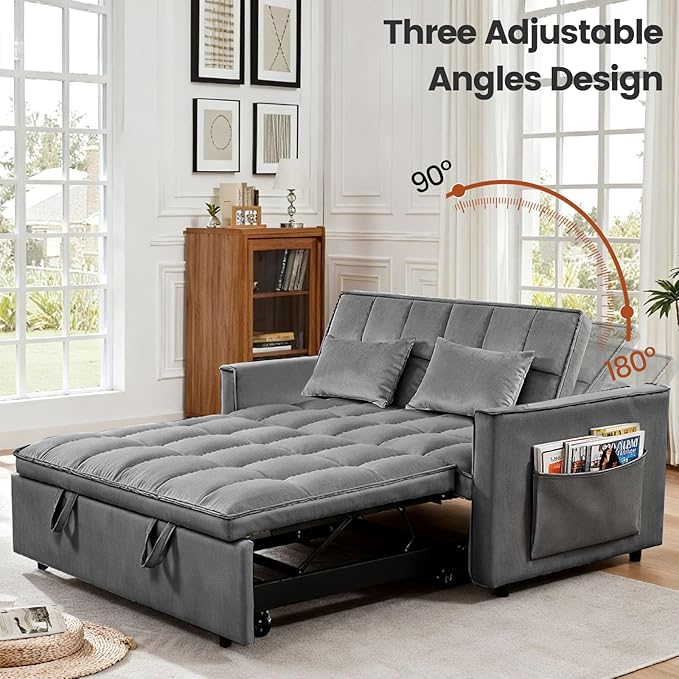 3 in 1 Sofa Bed, Love Seat Sleeper Bed with Side Pockets, Velvet Fabric Pull Out Couch with Adjustable Backrest for Living Room, Bedroom, Gray Apartment, Gray