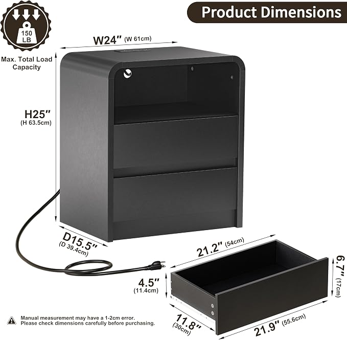 Modern Night Stand with Charging Station, 25" Tall Wood Nightstand Bedside Table with 3 Drawers & USB Ports, Mid-Century End Table for Bedroom (2, Black Smooth, 2 Drawers) - Image 2