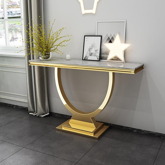 Modern Marble Console Table, Rectangular White and Gold Marble Sofa Tale with U-Shape Stainless Steel Base with Gold Mirrored Finish for Living Room (Gold2)
