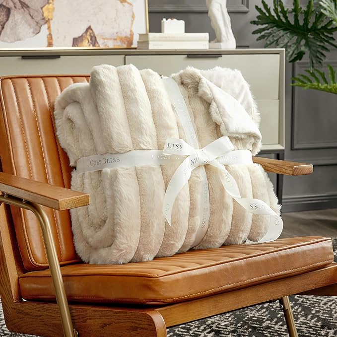 Cozy Bliss Faux Fur Throw Blanket for Couch, Cozy Warm Plush Striped Blanket for Sofa Bedroom Living Room, 90 * 90 Inches Beige
