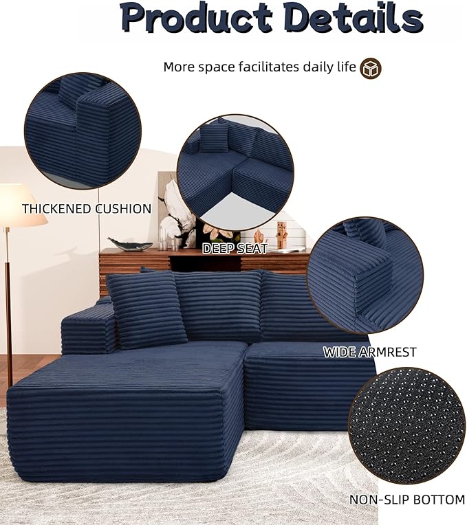 Cloud Sectional Couch, 105” Fluffy Modular L-Shape Sofa with Right Chaise Lounge, Modular Sectional Sofa in a Box, Boneless Couch for Living Room, No Assembly Required, Flannel Blue