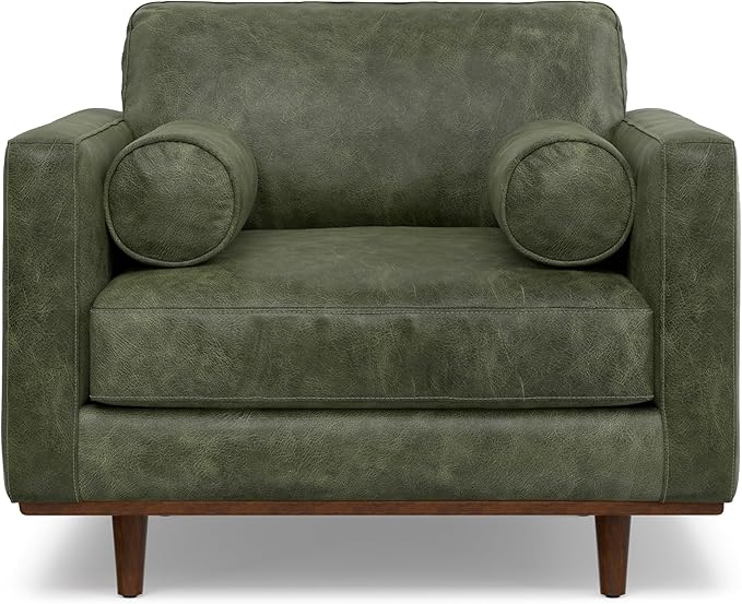 SIMPLIHOME Morrison Arm Chair - 42 inch Wide Upholstered Genuine Leather Mid-Century Modern Accent Chair in Moss Green with Solid Wood Legs, Reversible Bolster Pillows and Reclined Back