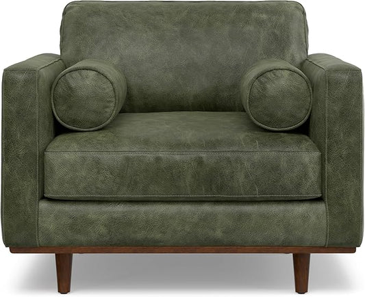 SIMPLIHOME Morrison Arm Chair - 42 inch Wide Upholstered Genuine Leather Mid-Century Modern Accent Chair in Moss Green with Solid Wood Legs, Reversible Bolster Pillows and Reclined Back