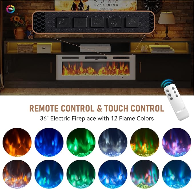MXV 78" Fireplace TV Stand with Power Outlet for TVs UP to 90", Electric Fireplace Entertainment Center with LED Lights & Storage Cabinets, TV Console for Living Room, Office, Black-White - Image 6