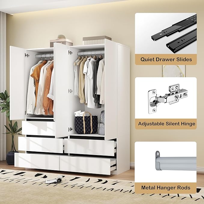 Modern Wardrobe Closet with 4 Doors: 75" White Armoire with 5 Drawers, Wooden Wardrobe for Hanging Clothes, Tall Storage Cabinet with Shelves and Hanging Rod (A+B, 63")
