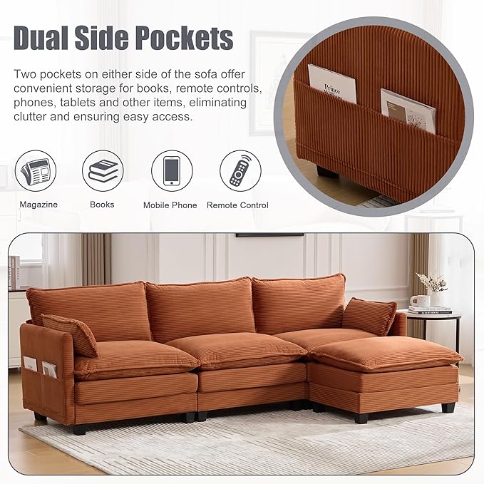 Modular Sectional Sofa Couch with Reversible Ottoman, 103" Oversized Corduroy Cloud Couch, 3 Seat Sectional Sofa with Solid Wood Frame and Side Pockets,for Living Room & Apartment