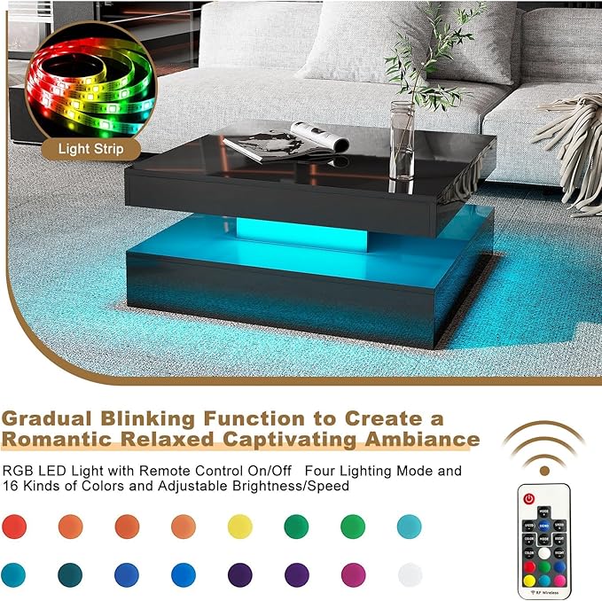 Black LED Coffee Table for Living Room, Living Room Table 2-Tier Square Center Tables, Wood Coffee Tables with Storage, Tea Table for Dining Reception Room