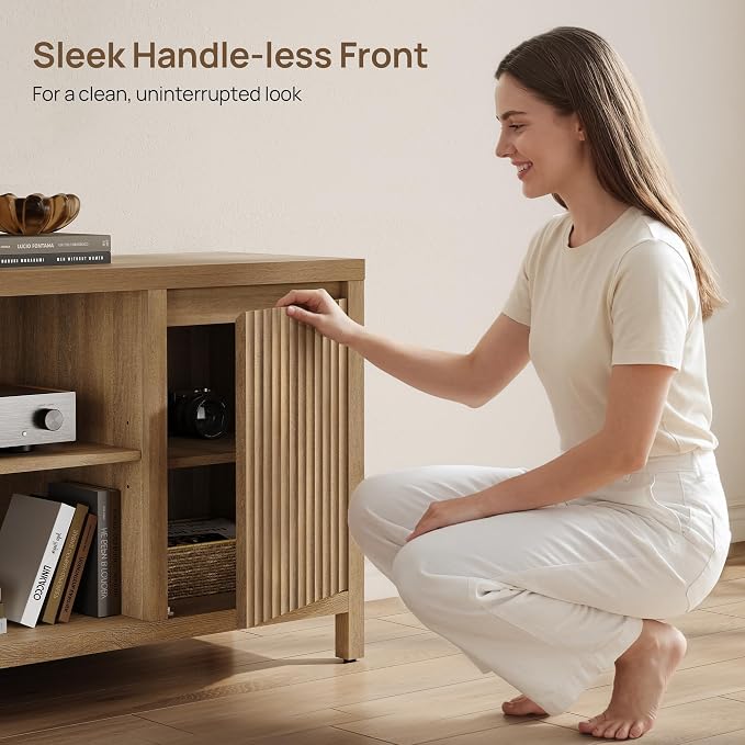 SICOTAS Fluted TV Stand for 55 65 inch TV - Large TV Consoles for Living Room Bedroom, Mid Century Modern Entertainment Center with Storage Cabinet, Wooden Television Stands Media Console, Caramel Oak - Image 7