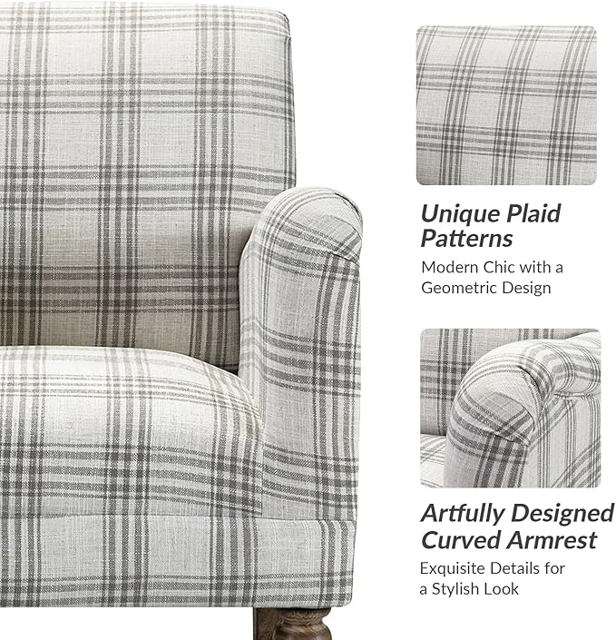 HULALA HOME Modern Accent Chair with Arms and Wooden Legs, Comfy Upholstered Armchair for Living Room, Bedroom (Plaid Pattern, Grey)