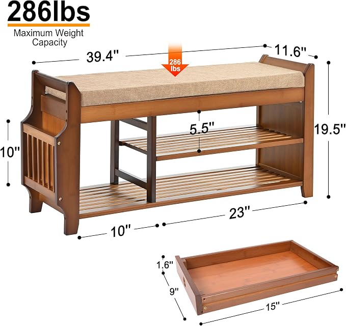 PETKABOO Shoe Bench with Hidden Drawer and Side Holder, 2 Tier Entryway Bench with Storage 39.4 in, Bamboo Shoe Rack with Cushion for Entryway Hallway Living Room Bedroom - Image 2