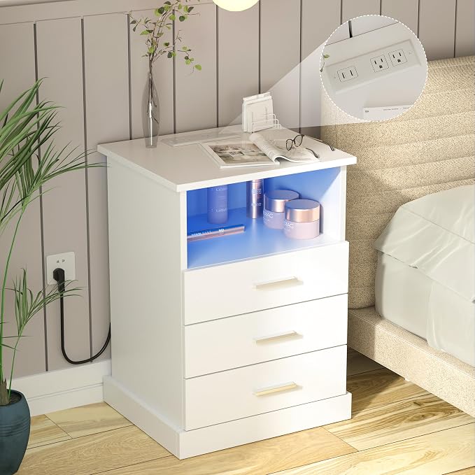 Halitaa Nightstand with Charging Station, LED Lights Side Table with 3 Drawers, End Table for Bedroom Office White by Halitaa
