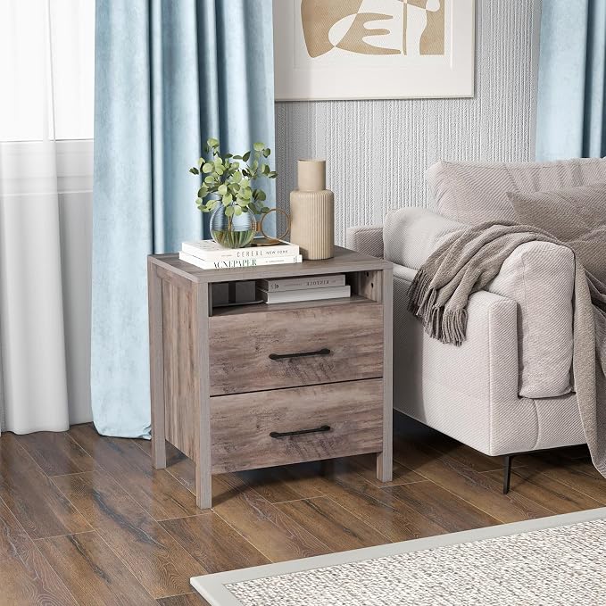 Giantex Farmhouse Nightstand Set of 2, Rustic Wood Bedside Table with 2 Storage Drawers & Open Shelf, Sofa Side Table, Versatile Night Stand for Bedroom, Grey - Image 7