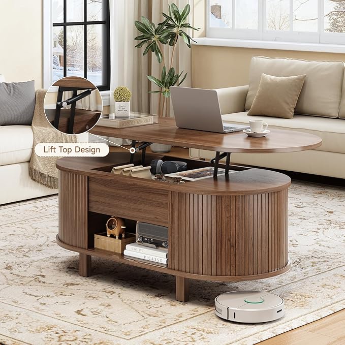 ONBRILL 43.3" Oval Lift Top Coffee Table with Hidden Compartment, Fluted Wood Coffee Table with Sliding Door, Mid-Century Modern Lift Tabletop Dining Table for Living Room, Home Office, Walnut