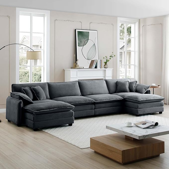 KEIKI 150" U-Shaped Oversized Corduroy Modular Sectional Sofa with 2 Ottoman, High-Density Foam Cushions, Removable Armrests, Upholstered 4-Seater Corner Couch with 6 Pillow, for Living Room, Grey