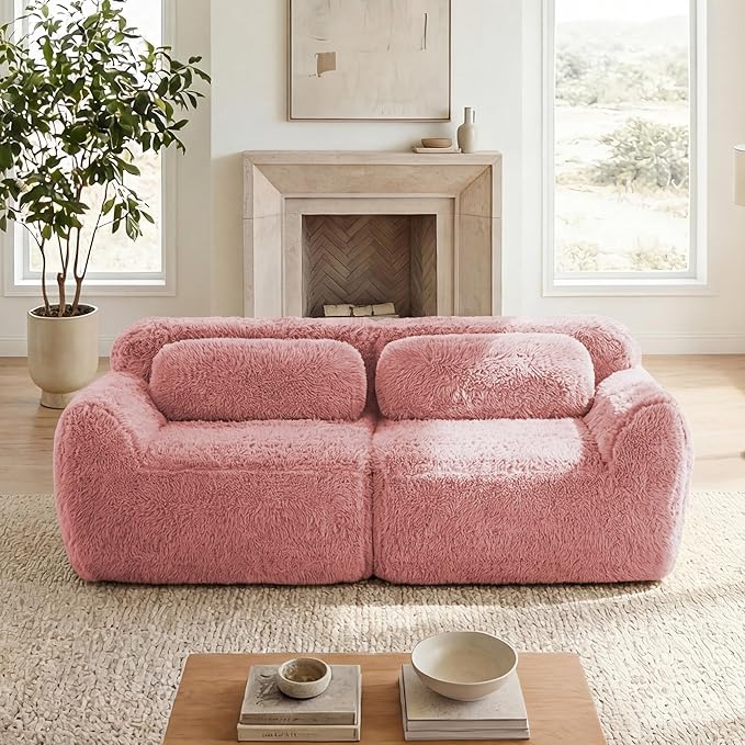 80.4-Inch Boneless Love Seat Couches in a Box, Modern 2 Seat Floor Modular Foam Cloud Sofa Faux Fur Loveseat Couch W/Angle Armrests for Home Apartments Bedroom