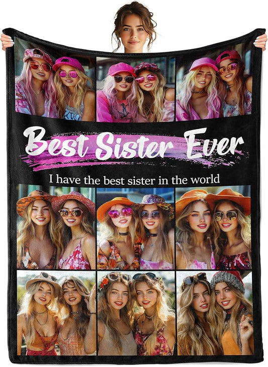Gifts for Sister, Personalized Photos Blanket with Pictures, Birthday Gifts from Brother, Customized Gifts for Women Friend BFF Female, Best Sister Blanket Gifts
