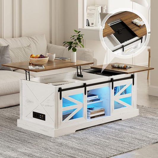 Lift Top Coffee Table with Gun Cabinet, 2 Sliding Barn Doors-Large Storage and 3 Color LED Lights fit Modern Rectangular Rustic Living Room Center Table(White)