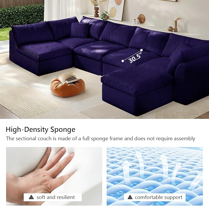 Modular Sectional Sofa Boneless Cloud Couch for Living Room, L Shape Deep Seat Recliner Sofa with Ottoman, Adjustable Backrest & 2 Throw Pillows - Covers Washable, (Purple, 5 Seater+1 Ottoman)